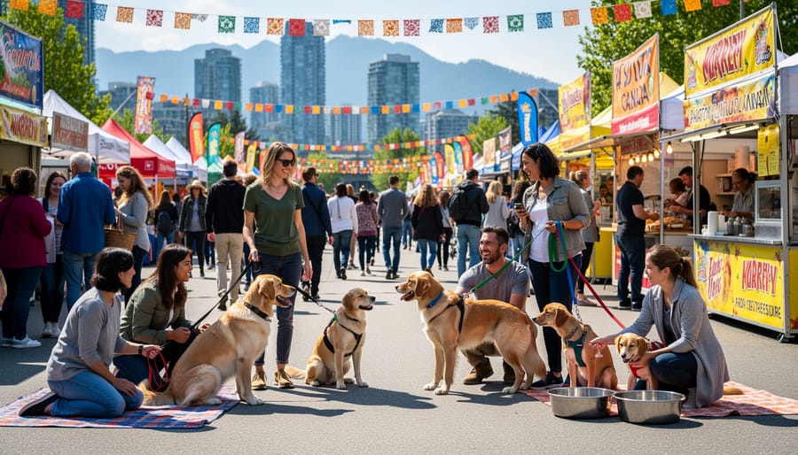 Golden retriever with owner enjoying outdoor festival in Vancouver