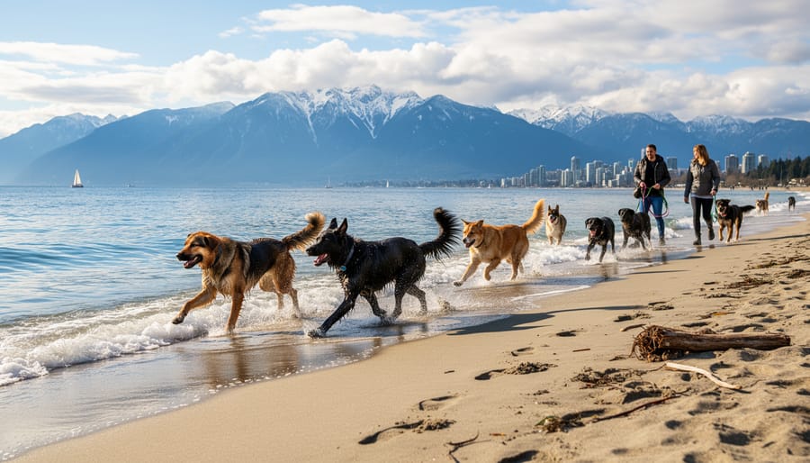 Dogs playing on Vancouver beach with ocean and mountains in background