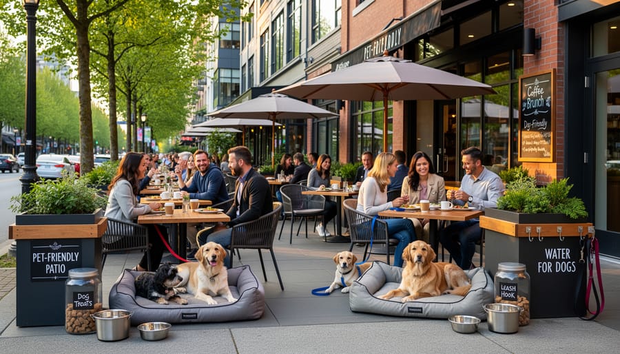 Small dog on restaurant patio with water bowl in Vancouver