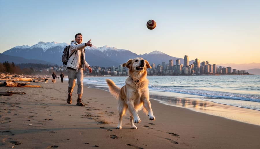 Traveler throwing a ball to a golden retriever on Spanish Banks beach in Vancouver, with the North Shore Mountains and downtown skyline visible under warm golden-hour light