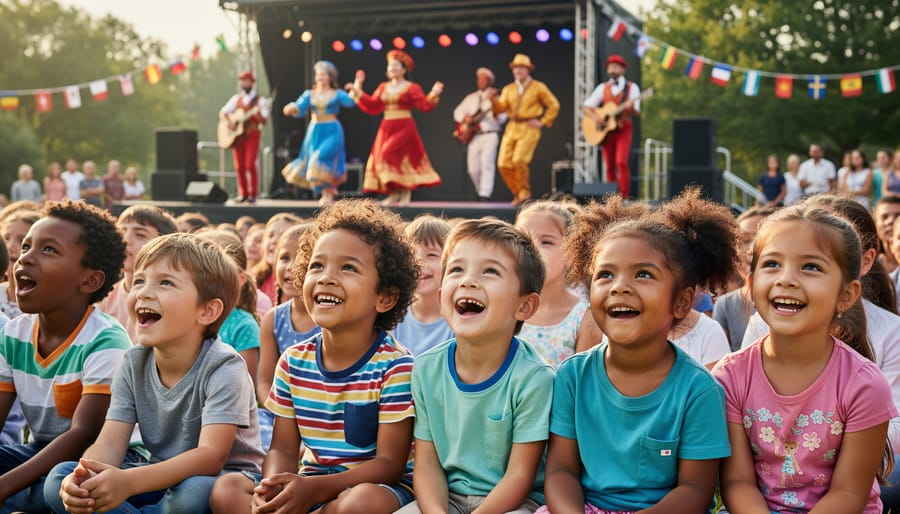 A caregiver and child watching musicians perform on an outdoor stage at Granville Island.