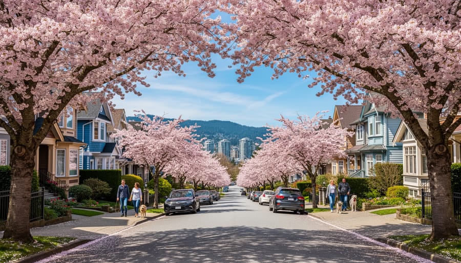 Close view of cherry blossom branches in Vancouver with soft pink flowers and a walking path in the background.