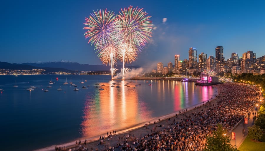 Fireworks over English Bay with reflections on the water and silhouettes of festival crowds along the seawall.