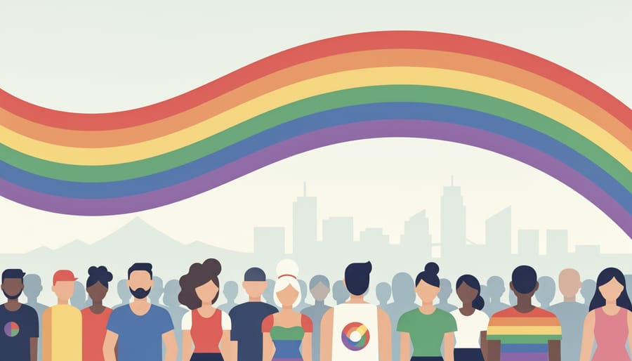 Rainbow banner above a diverse crowd during a Pride parade in downtown Vancouver.