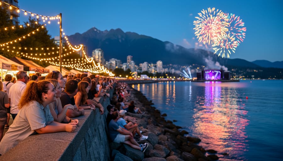 People gather along Vancouver’s waterfront at dusk as fireworks burst above the water, with mountain silhouettes in the background.