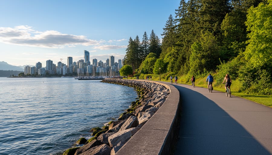 Cyclists and pedestrians on Stanley Park Seawall with ocean views