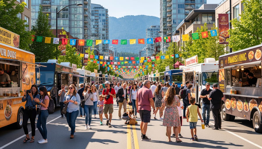 People enjoying a colorful Vancouver street festival with performers and lanterns