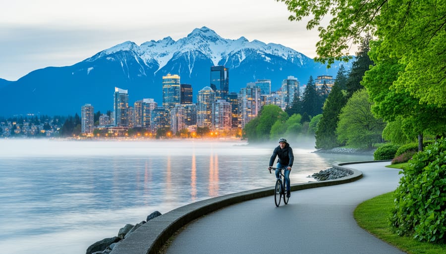 Cyclist on a Vancouver waterfront path with Downtown buildings and snowcapped mountains in the background under a bright overcast sky.