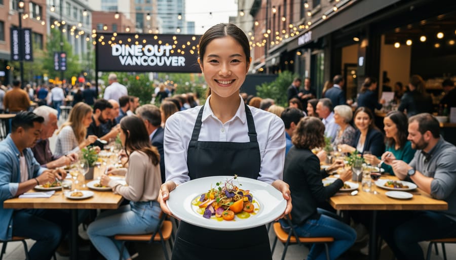 Server placing a plated main course and wine glasses on a restaurant table for a dining festival