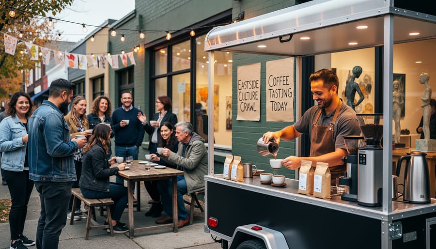 Visitor receiving a small espresso cup outside an East Vancouver studio during a culture crawl