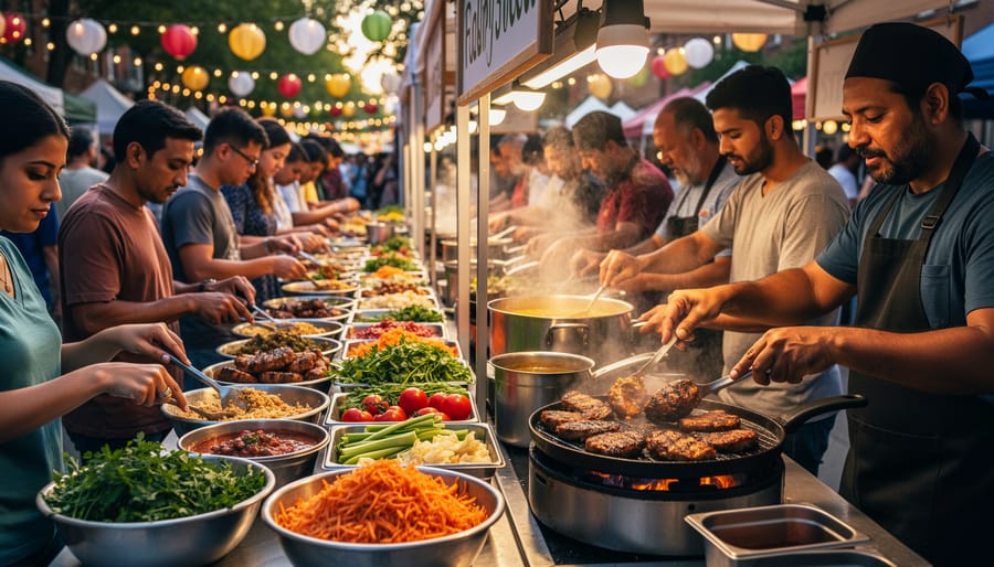 Vendor assembling a colorful multicultural street food dish at Fraser Street festival