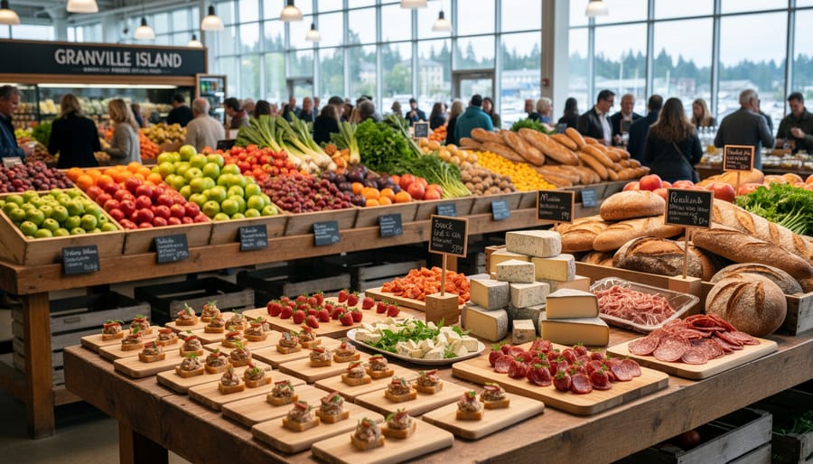 Local produce and tasting plates on a table inside Granville Island Public Market