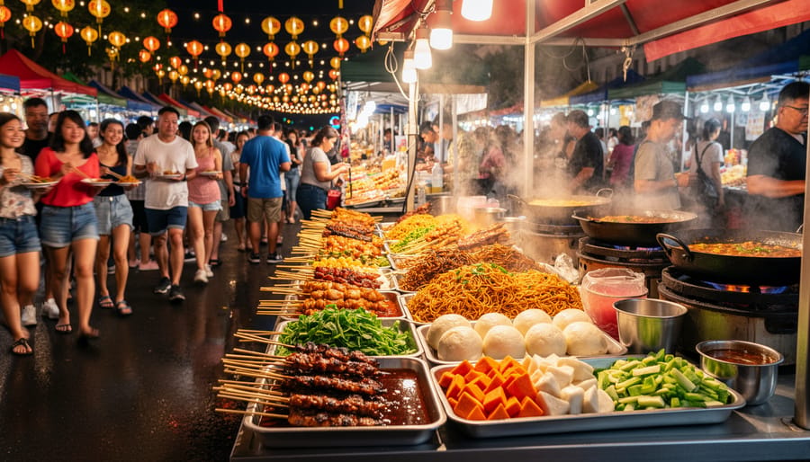 Chef hands plating Asian street food at a night market stall at evening