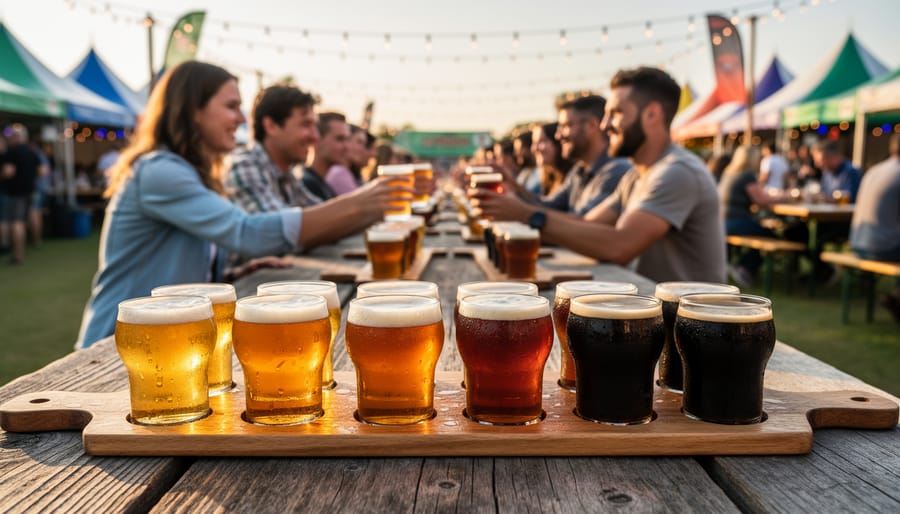 Craft beer flight tasting on a pub table with bartender handing glasses to a guest