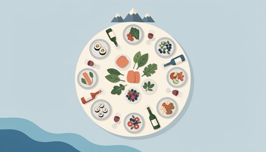 Overhead view of a mixed assortment of festival foods and drinks on a wooden table