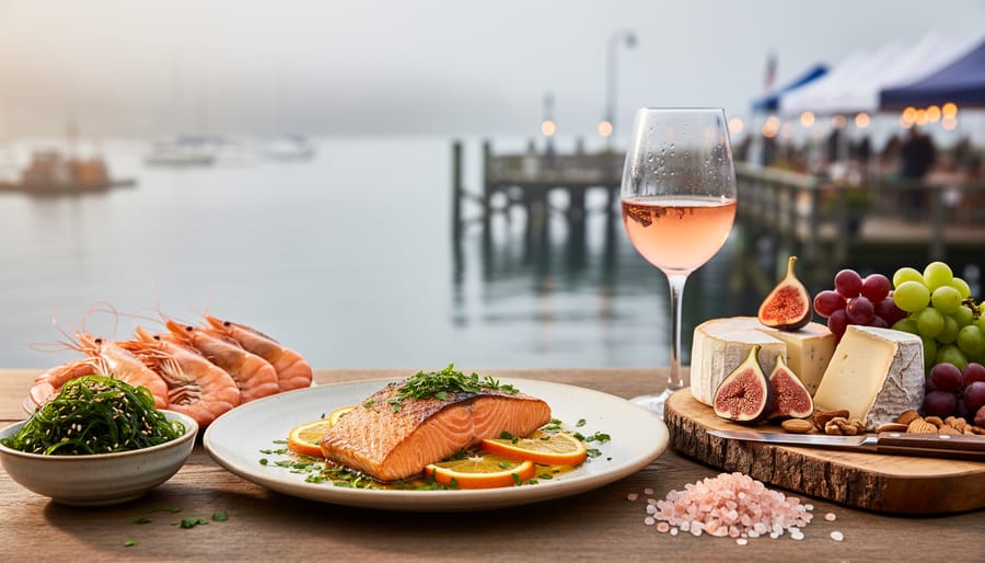 Close view of wild salmon, spot prawns, seaweed salad, and a glass of wine on a wooden table with soft coastal night-market ambience in the background.