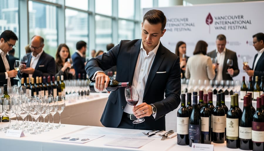 Sommelier pouring red wine at a festival tasting table with wine glasses and plated bites
