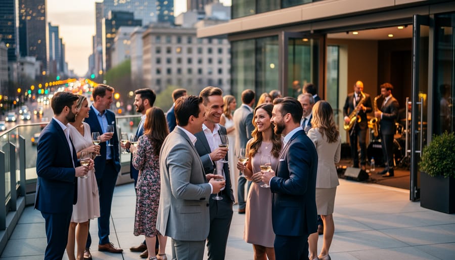 People outside a Vancouver venue holding wine glasses and heading toward a nearby live jazz performance during spring.