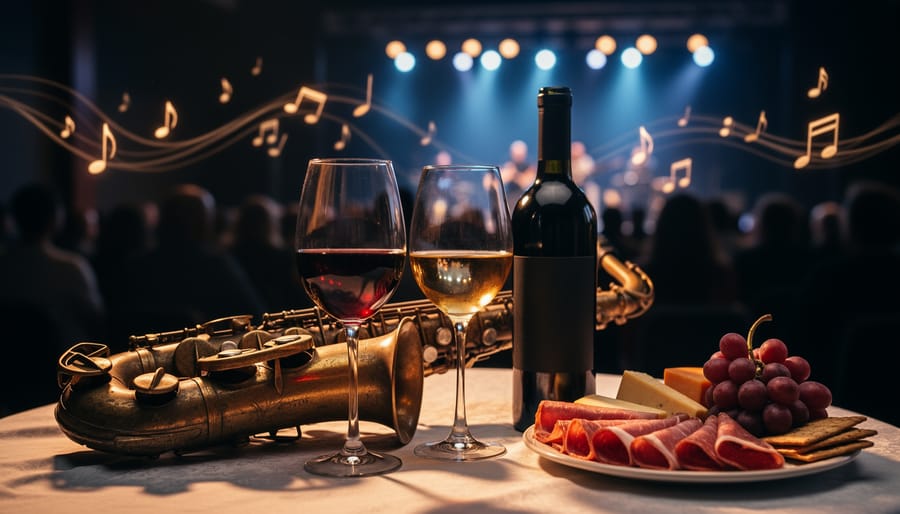 Wine tasting table with two glasses of red wine and a saxophone in a softly lit indoor festival venue, with blurred audience lights in the background.