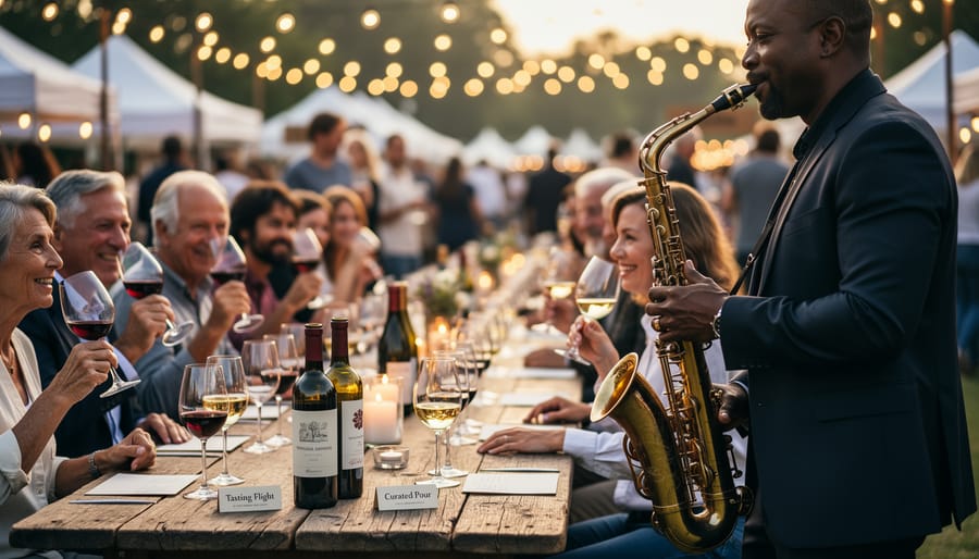 A saxophonist performs at a warmly lit wine jazz festival table where someone is pouring red wine for guests.