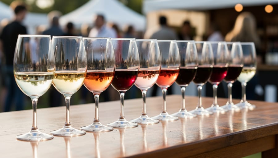 Close-up of multiple wine glasses with different wine colors on a dark wooden table at a festival tasting.