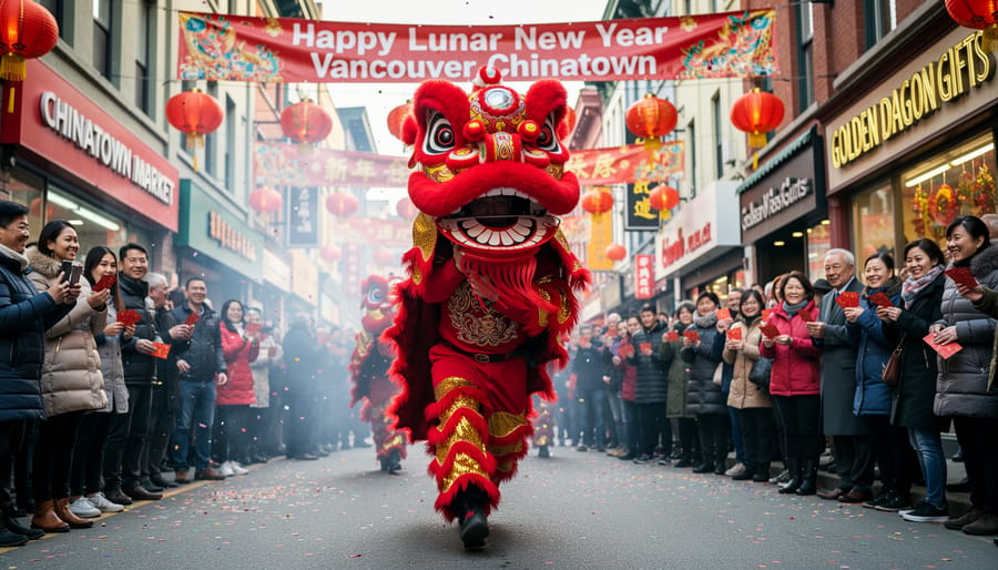 A lion dance performer in a vibrant costume parades through Chinatown in bright daylight.