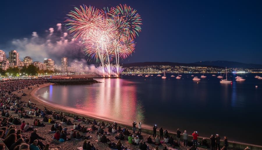 Fireworks explode over English Bay at night with reflections on the water and silhouettes of spectators.