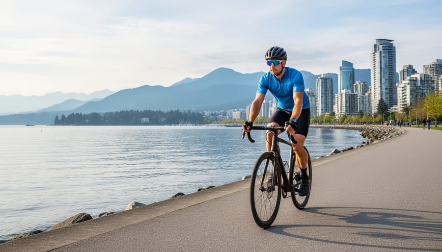 A cyclist on the Stanley Park Seawall with mountains and the Vancouver skyline in the distance.
