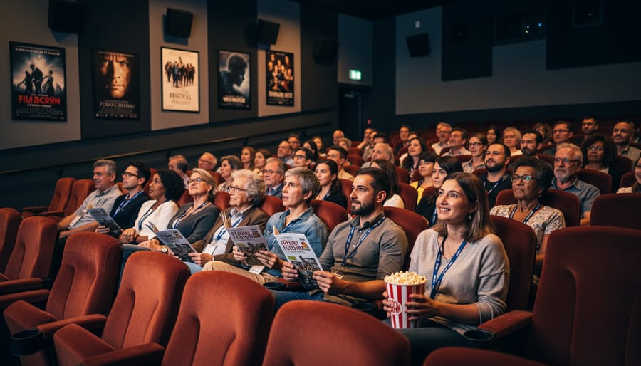 People seated in a cinema under warm lighting during a film screening, with a softly blurred screen in the background.