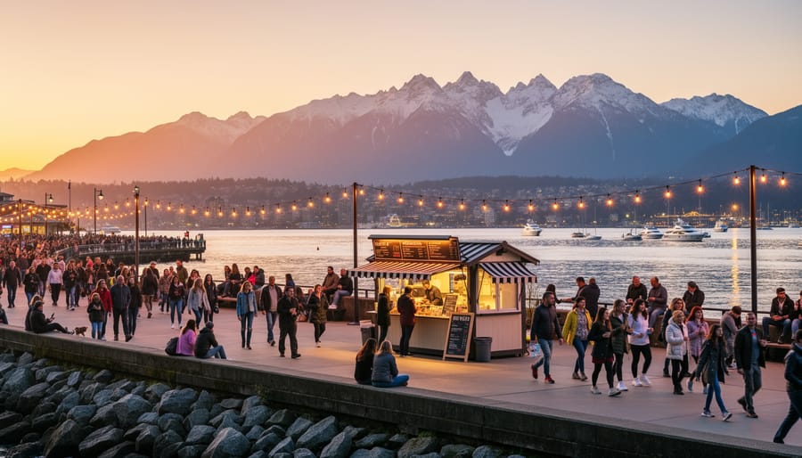Vancouver waterfront at sunset with snow-capped mountains in the distance and diverse visitors near festival lights and a small market along the promenade.